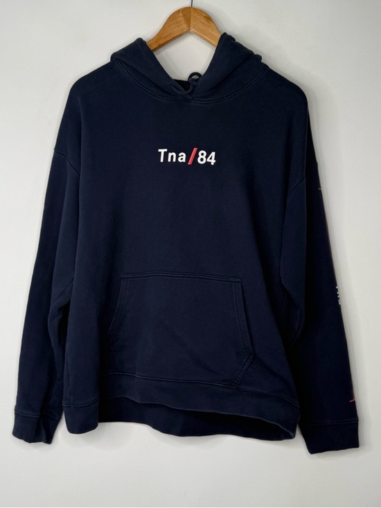 TNA Tops - Aritzia TNA Navy Blue Crewneck Hoodie with White 'Tra/84' Logo Size S